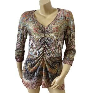ONE WORLD Womens Size Medium 3/4 Sleeve Boho Tribal Pleated Ruched V Neck Shirt